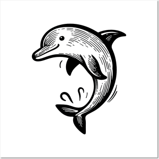 Stick Figure of a Dolphin in Black Ink Posters and Art